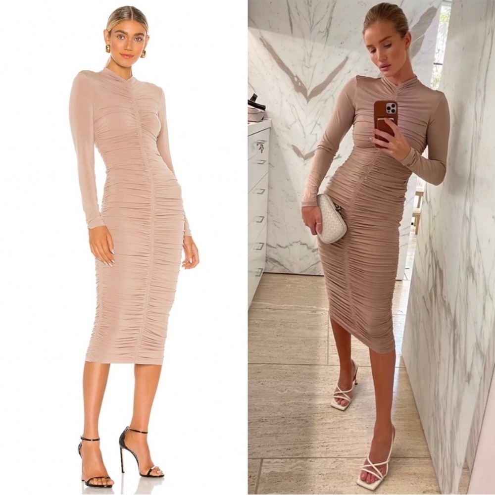A.L.C. Ansel Ruched Long Sleeve Midi Dress in Neutral Buff Size M
